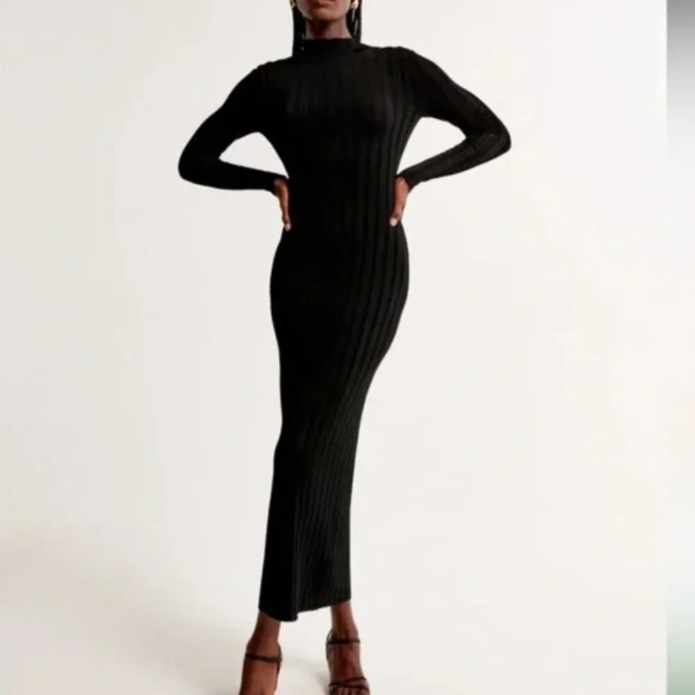 Long-Sleeve Glossy Maxi Sweater Dress DARK GREY XS TALL